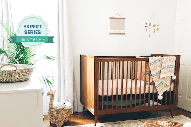 How to Plan Your Nursery Room for Your Baby, a brown crib inside a white nursery with the expert series and MyRegistry logos.